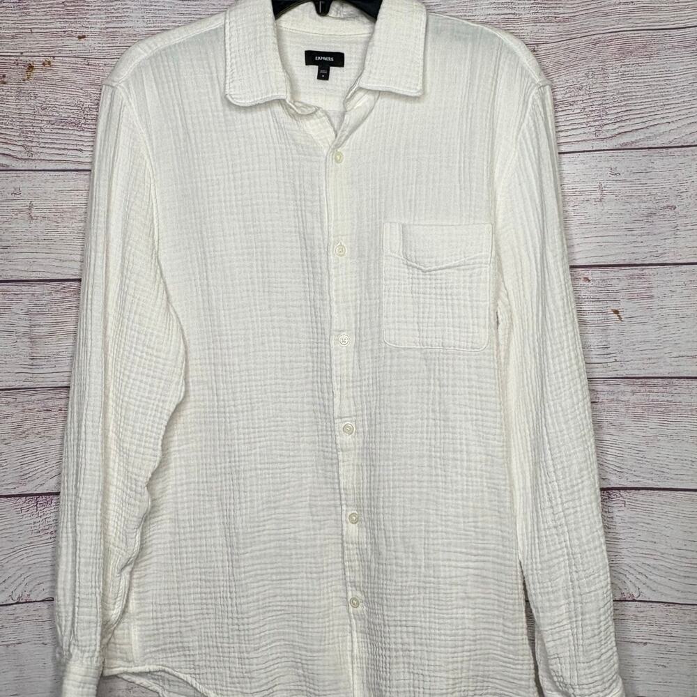 Express Boyfriend Cotton Gauze Beachy Coastal Long Sleeve Button Down Top Medium - Picture 3 of 9